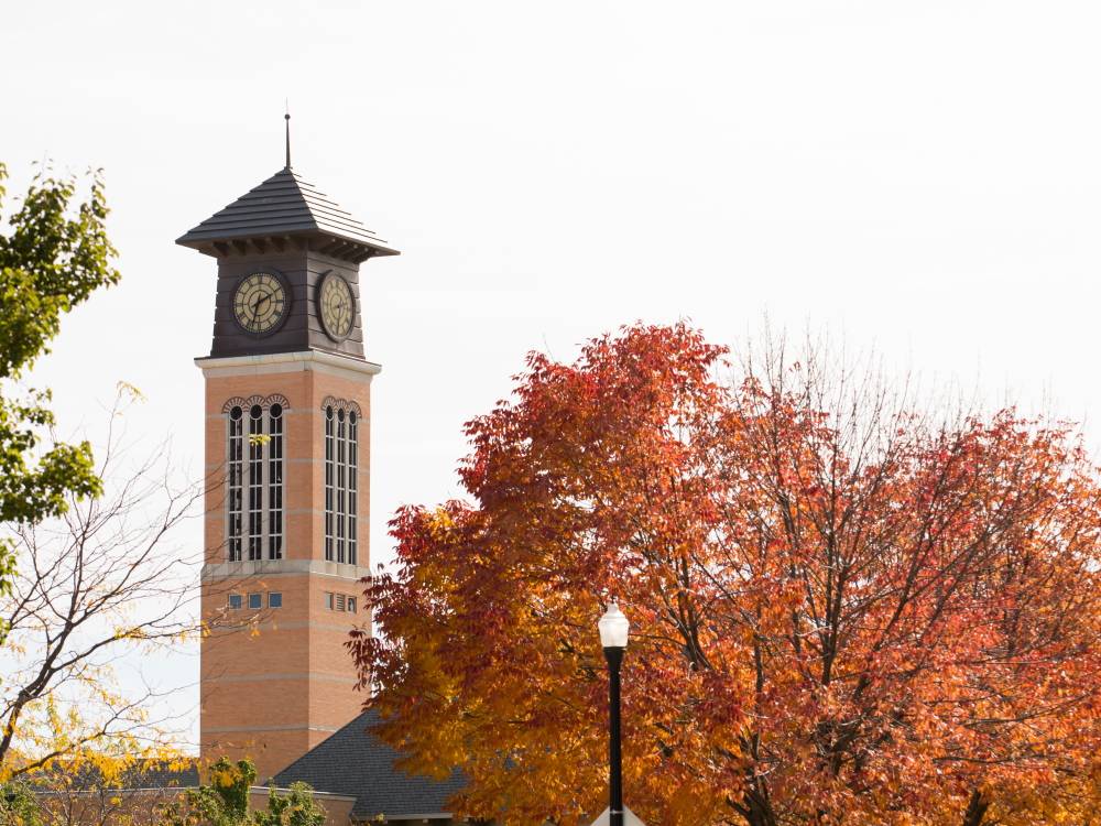 View of the Beckering Family Carillon Tower at Richard M. DeVos Center, which is outside the Education offices.